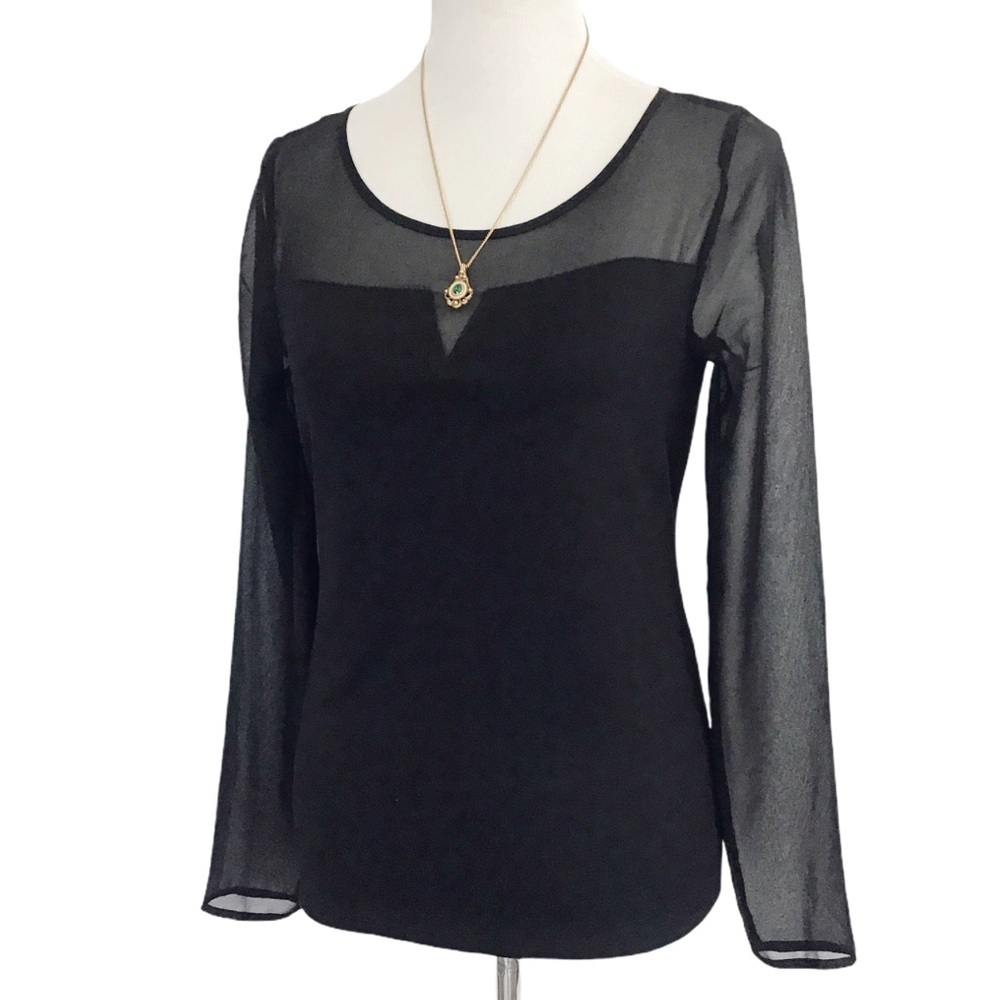 Ann Taylor Black Illusion Neckline Long Sleeve Top Sheer Bodice and Sleeve Small